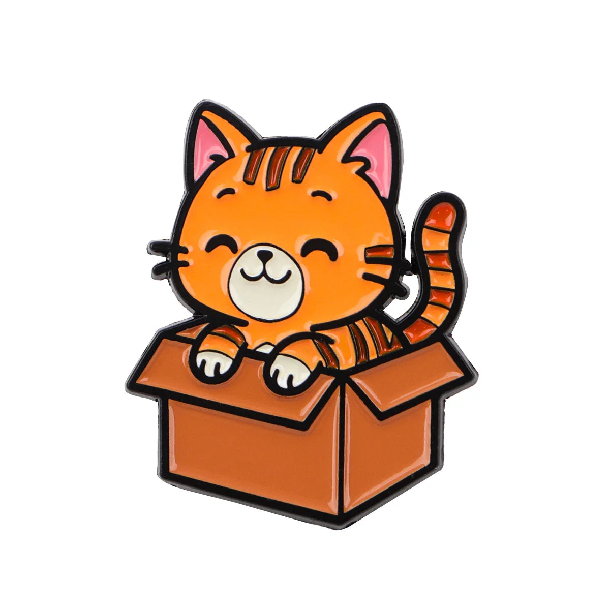 Enamel lapel pin with orange tabby cat peeking from an open box