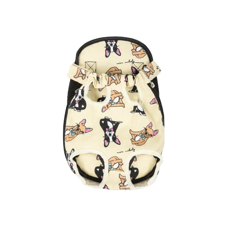 Breathable pet backpack with cream cartoon animal print, two leg openings, black straps