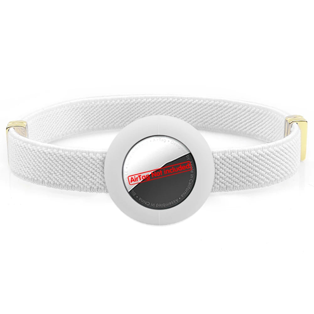 White safety cat collar with breakaway buckle and round AirTag holder