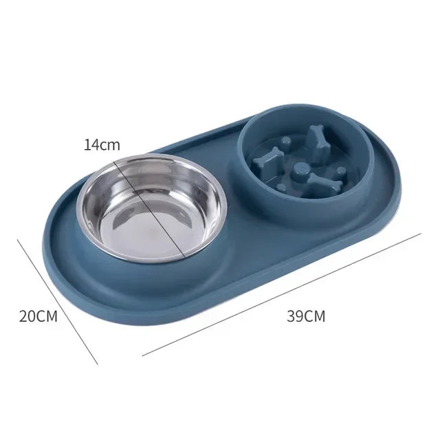 Stainless Steel Dog Double Bowl with Anti-Choking Silicone Mat