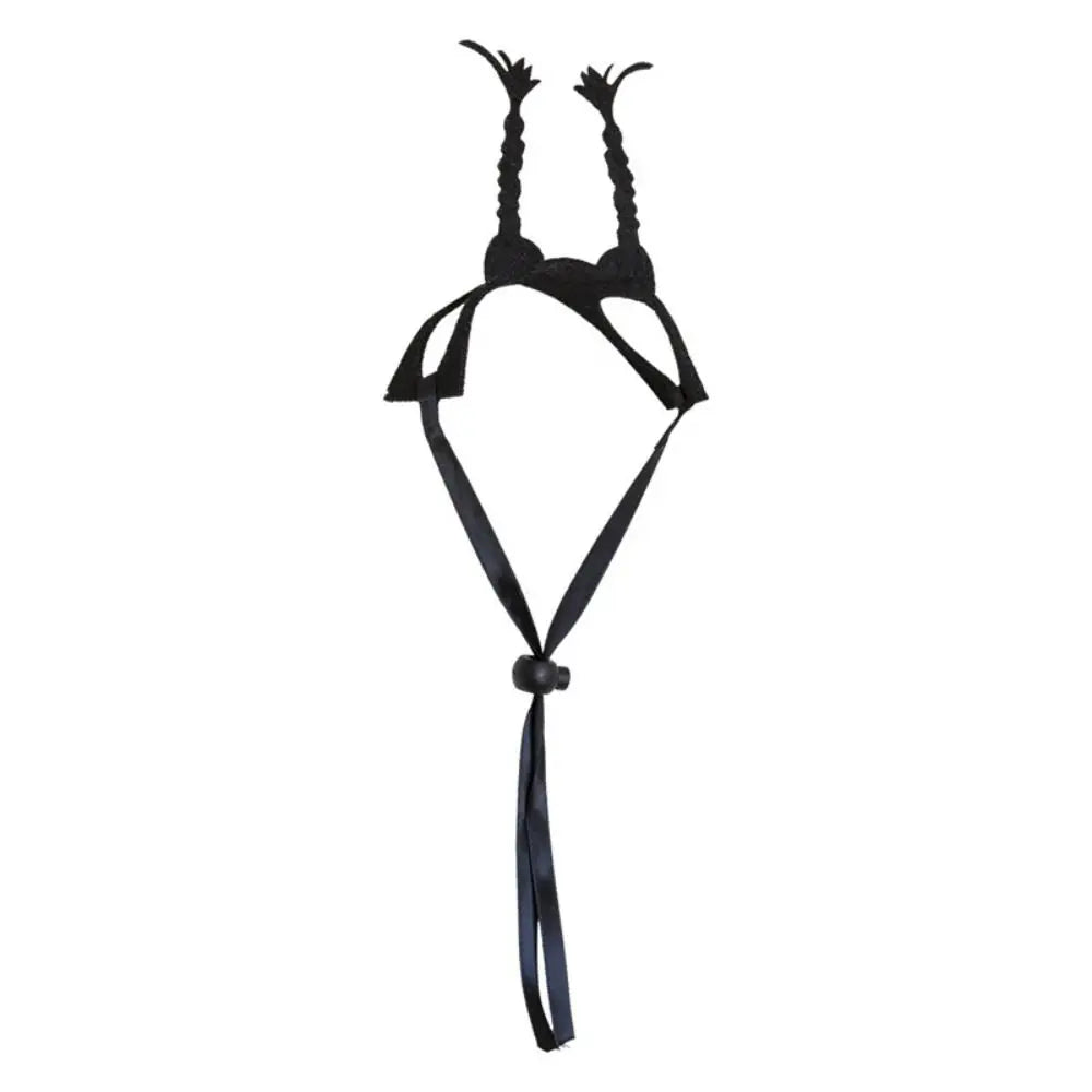 Black pet horror headband with tall twisted horns and long hanging ribbon tie