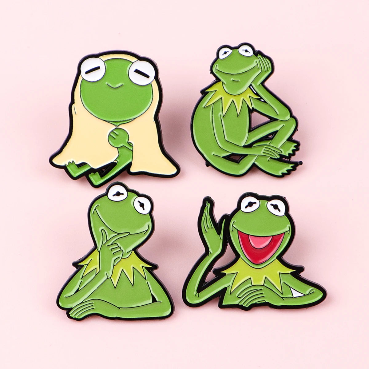 Set of four green frog enamel lapel pins, different poses