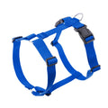 Blue H-shape dog harness with chest and belly straps, metal D-ring and buckle