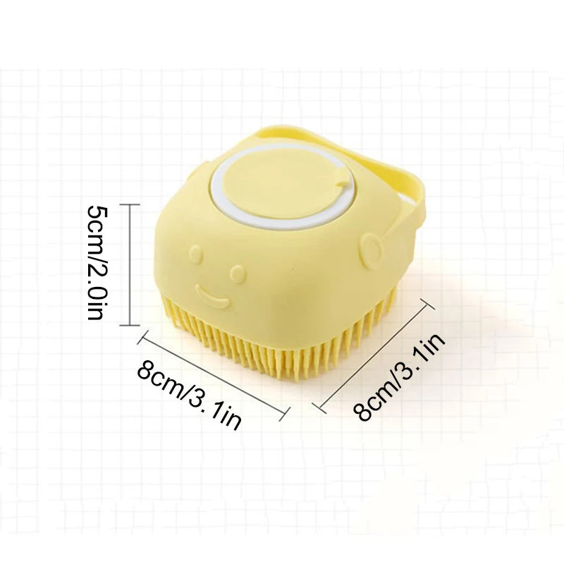 Yellow compact pet bath brush with round scrub pad and rubber bristles