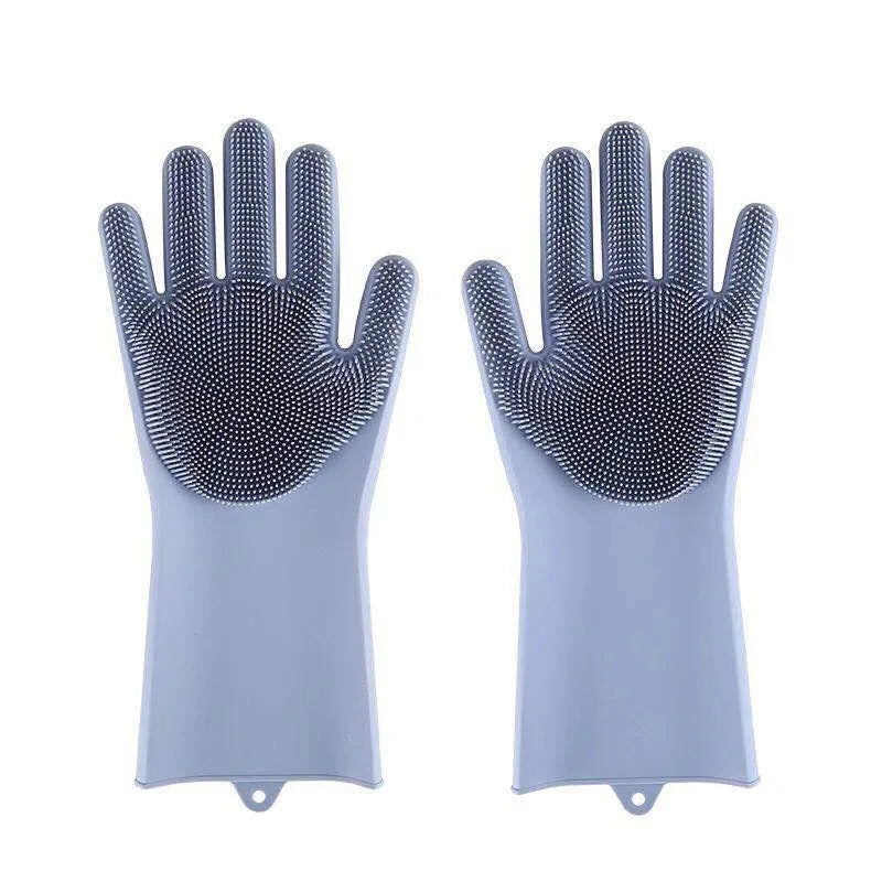 Light blue pet grooming gloves with dark blue silicone scrub dots, pair