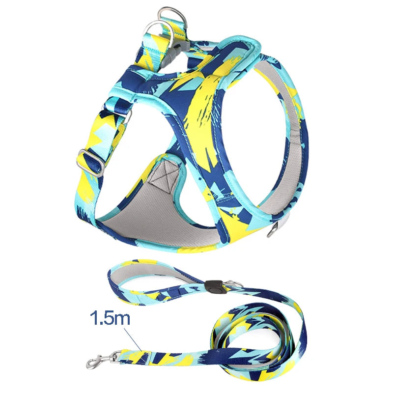 Mesh adjustable dog cat harness vest with blue and yellow pattern and 1.5m leash