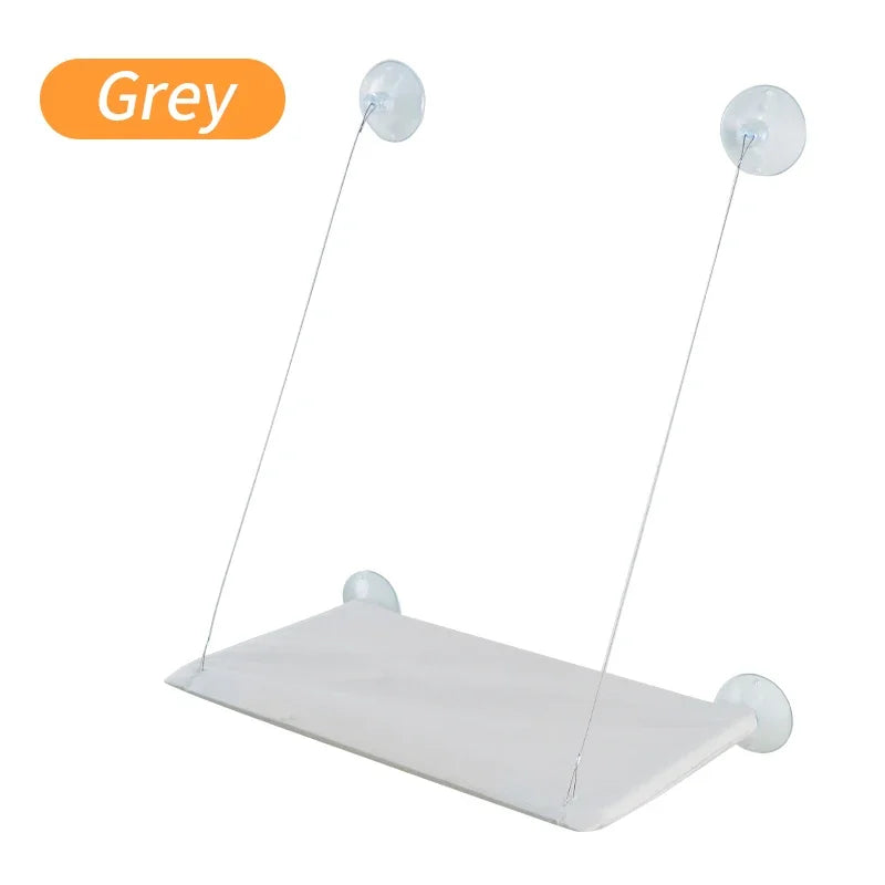 Gray window cat hammock bed with smooth fabric pad and hanging suction mounts
