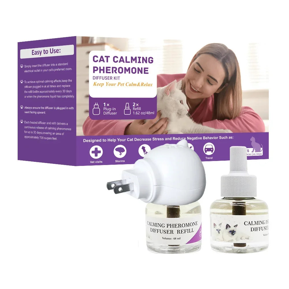 Cat calming pheromone diffuser kit with white plug-in device and refill bottle