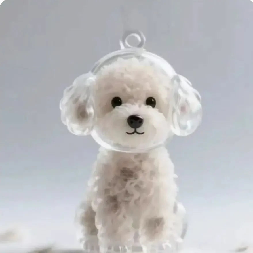 Dog-shaped resin capsule keychain with white fluffy fur and clear top loop