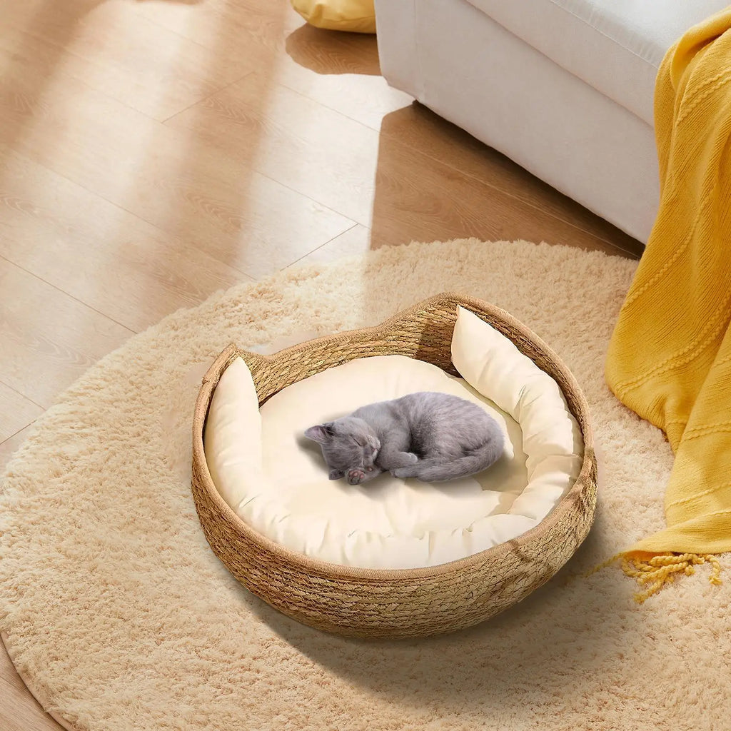 Cotton Rope Round Cat Basket Bed with Pillow
