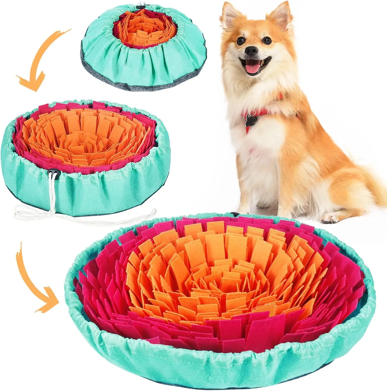 Multicolor pet snuffle mat with teal rim and orange, pink, and yellow fleece centers