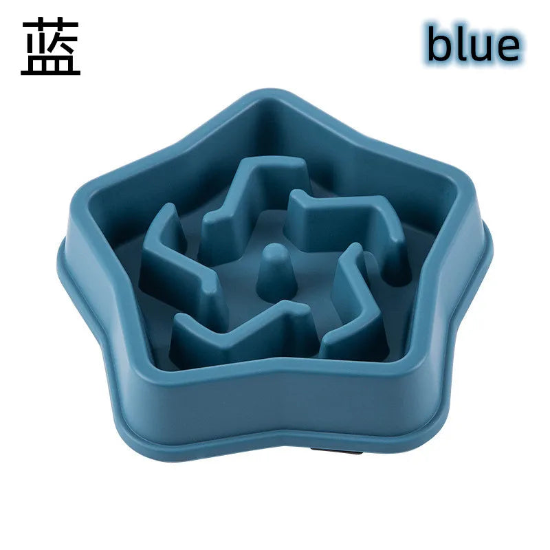 Blue slow feeder pet bowl with square outer rim and raised anti-choke maze
