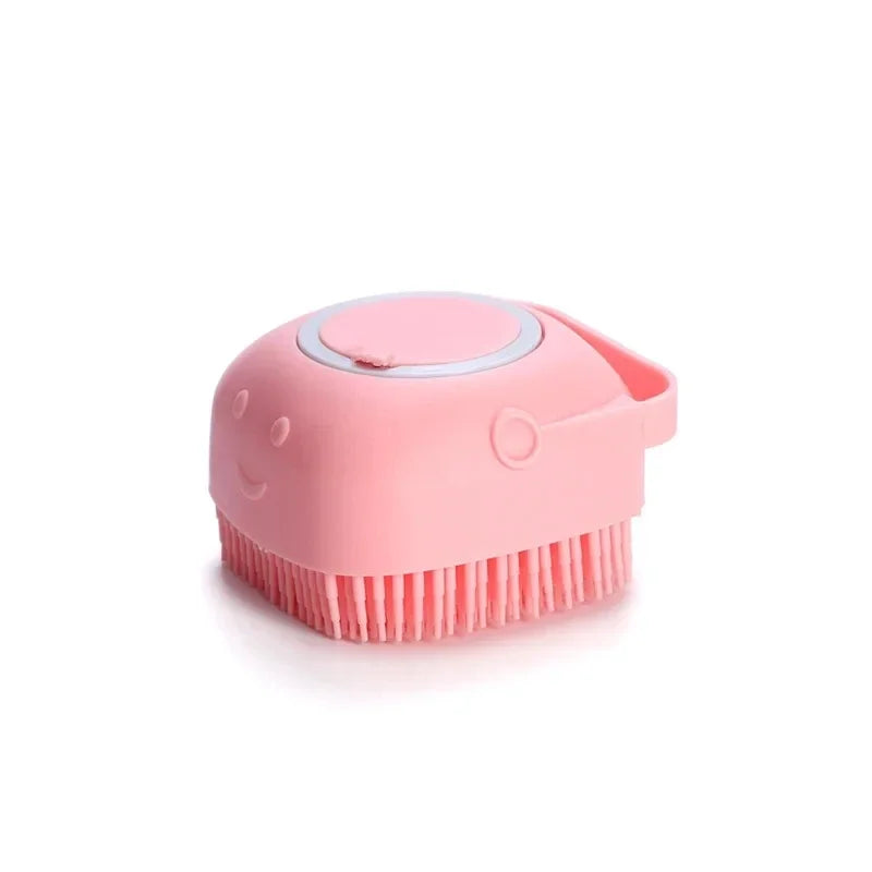 Pink silicone pet bathing brush with soft bristles and circular top lid