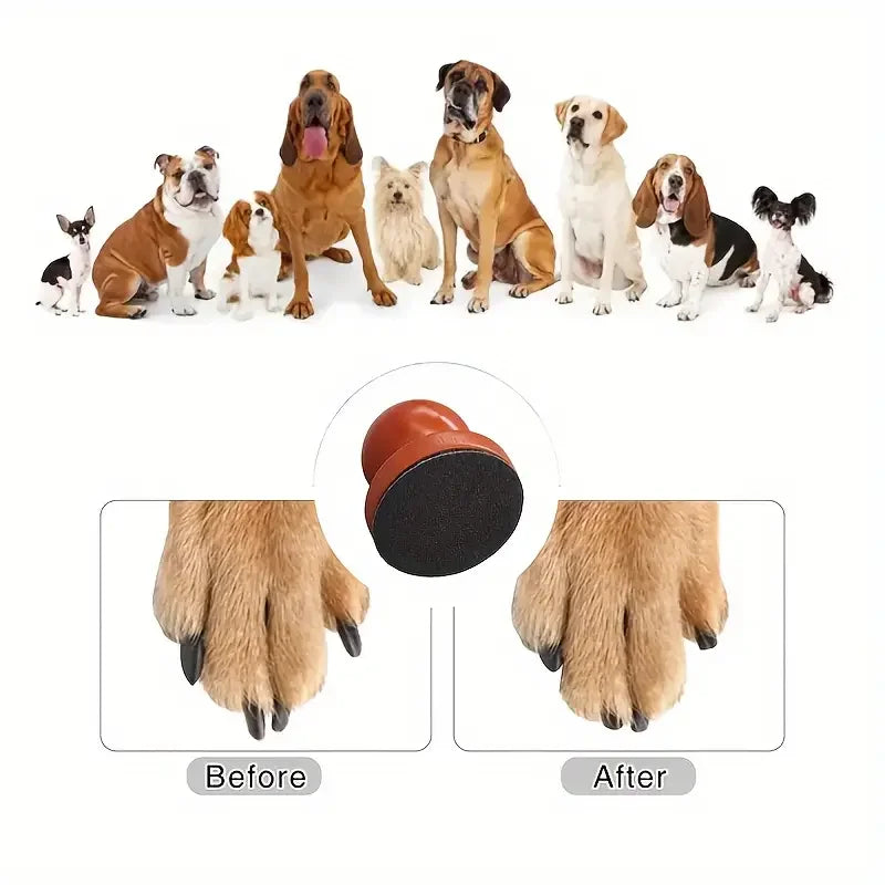 Orange-brown pet nail grooming tool with black grinding pad, before/after view