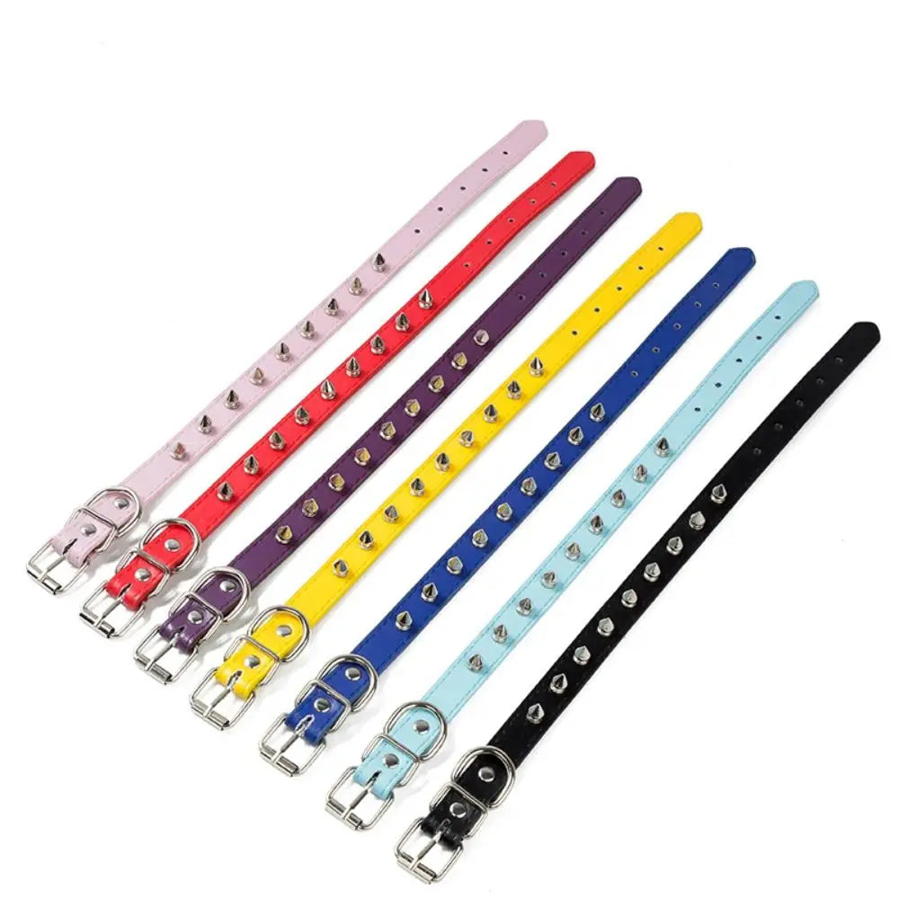 Leather Cat Dog Collar Spiked Studded Adjustable Colorful Pet