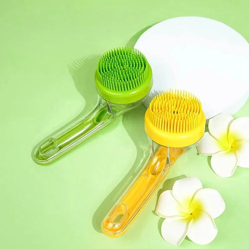 Clear 2-in-1 pet grooming brush with lime green and yellow scrubbing heads