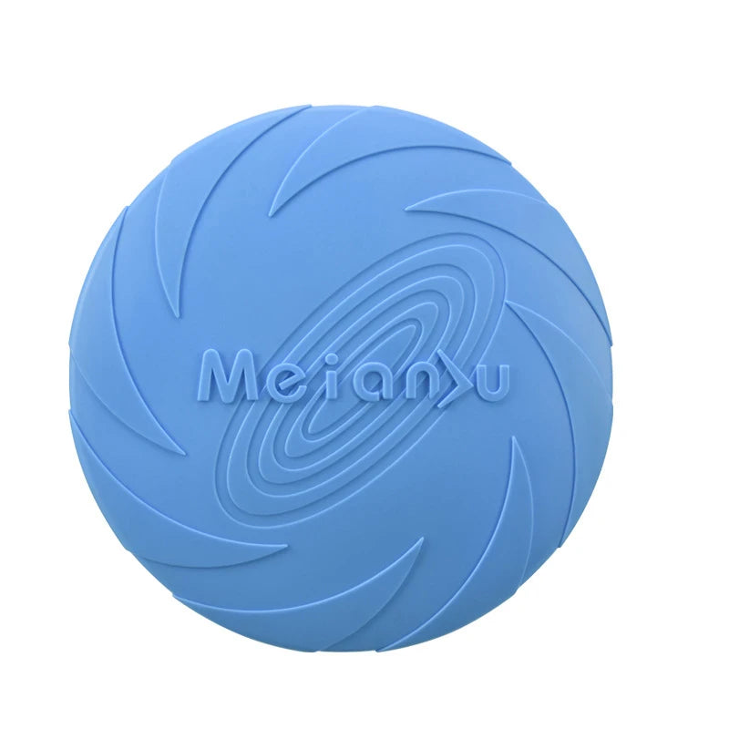 Blue silicone flying disc dog chew toy, textured grip and MeianyU logo