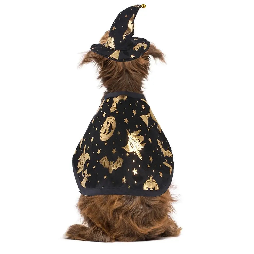 Pet Halloween cloak with pointed witch hat, black fabric with gold star witch print