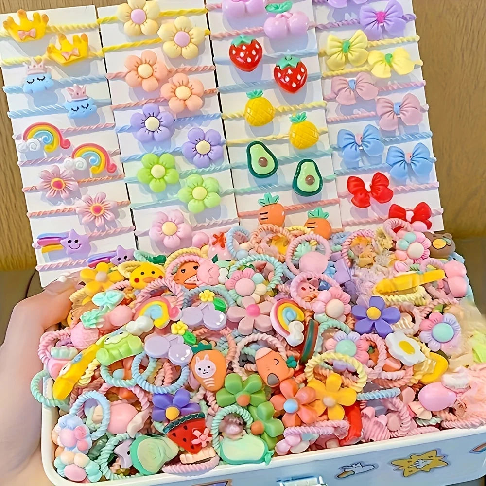 Pet hair accessory set on a grid: pastel flowers, bows, rainbows and stars