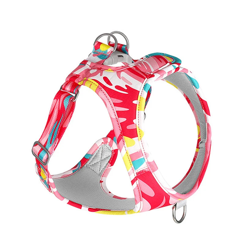 Mesh adjustable dog harness vest, red and white graphic print with gray padding