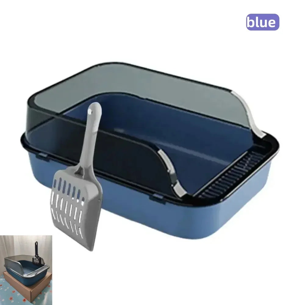 Semi-enclosed cat litter box set, blue with scoop and slotted rake tray