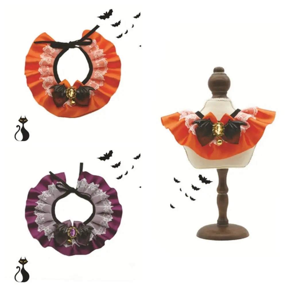 Orange Halloween pet lace collar bib scarf with black bow and ruffled lace trim, bat accents