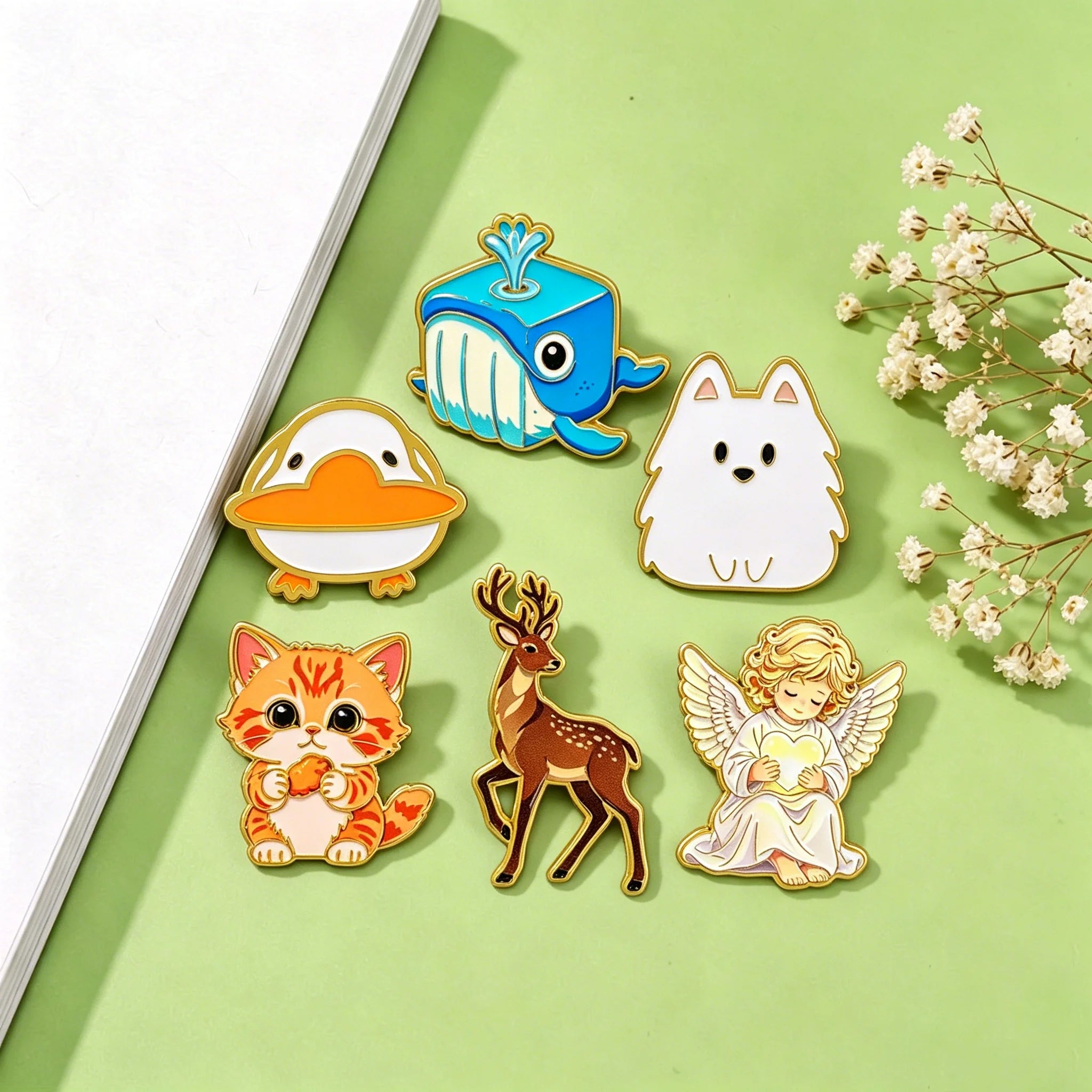 Set of animal enamel pins with whale, deer, cat, bird, fox, and angel