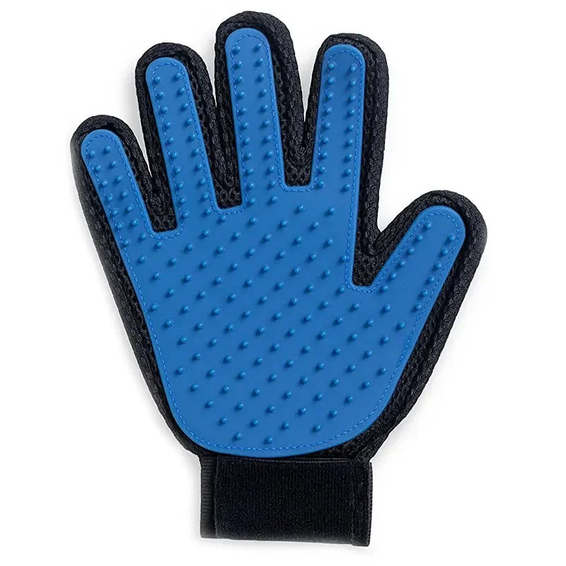 Blue silicone pet grooming glove with raised nodules for brushing pet fur