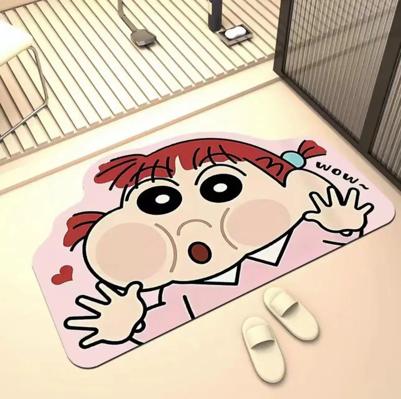 Quick-drying cartoon bath mat with a red-haired character lying on the surface