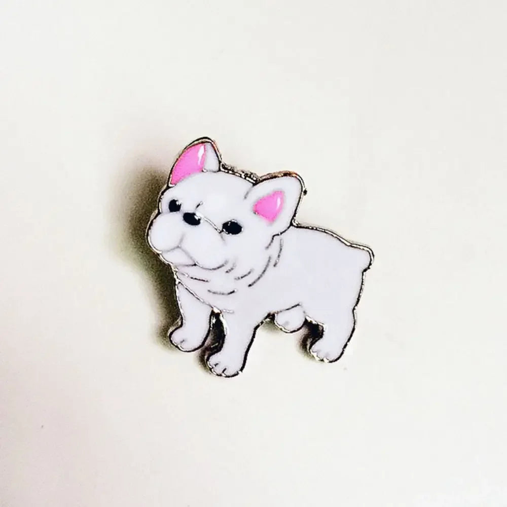 White cartoon dog enamel pin with pink ears and facial details