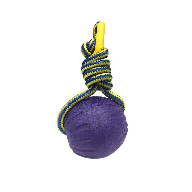 Purple dog chew rope ball toy with yellow-and-blue braided rope handle