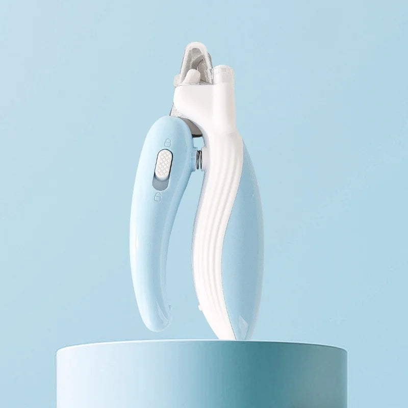 Blue and white pet nail clipper trimmer standing on a base