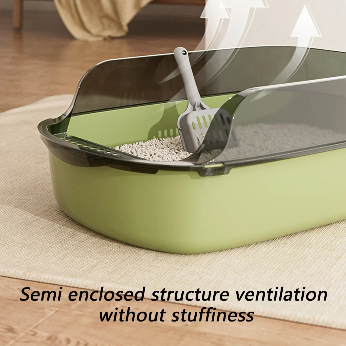 Semi-enclosed cat litter box with scoop, green base and vented top