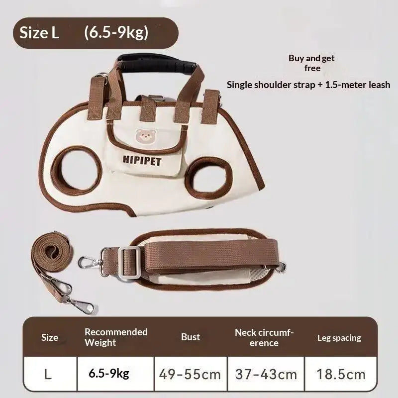 Pet carry bag size L (6.5–9kg) with single shoulder strap and leash, flat lay