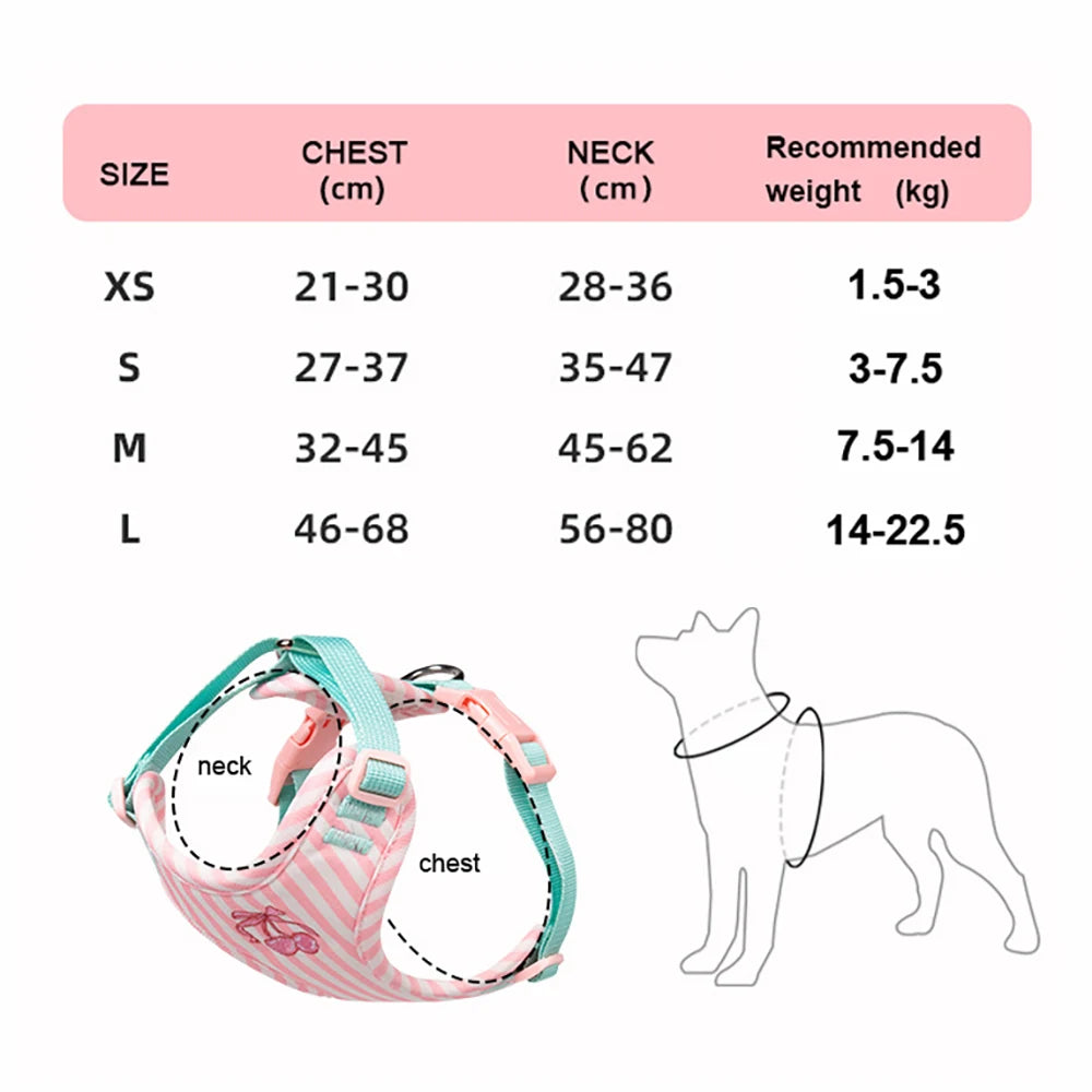 Dog harness size chart showing XS–L chest and neck measurements