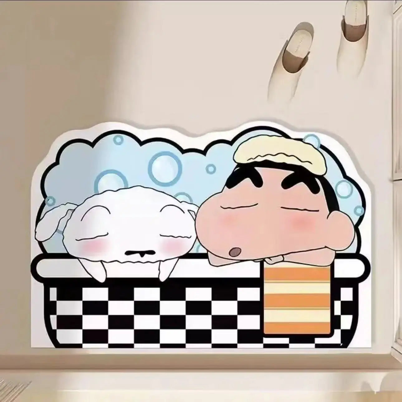 Cartoon bath mat shaped like a tub with a character in bubbles and foam