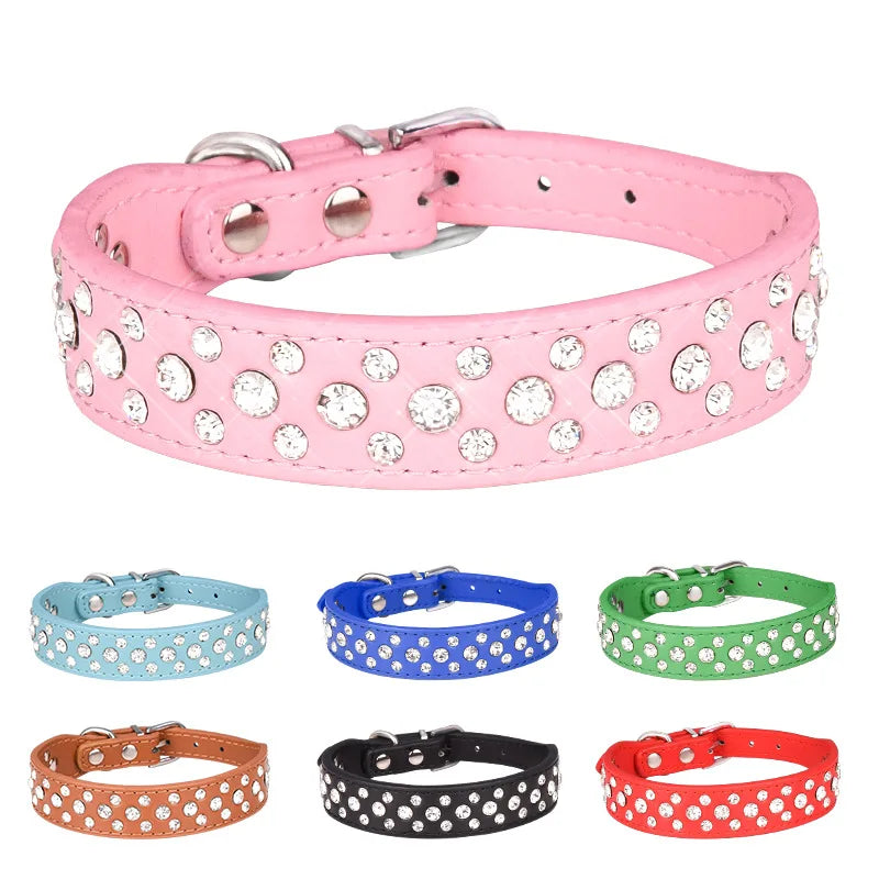 Pink PU leather pet collar with rhinestone studs and silver metal buckle