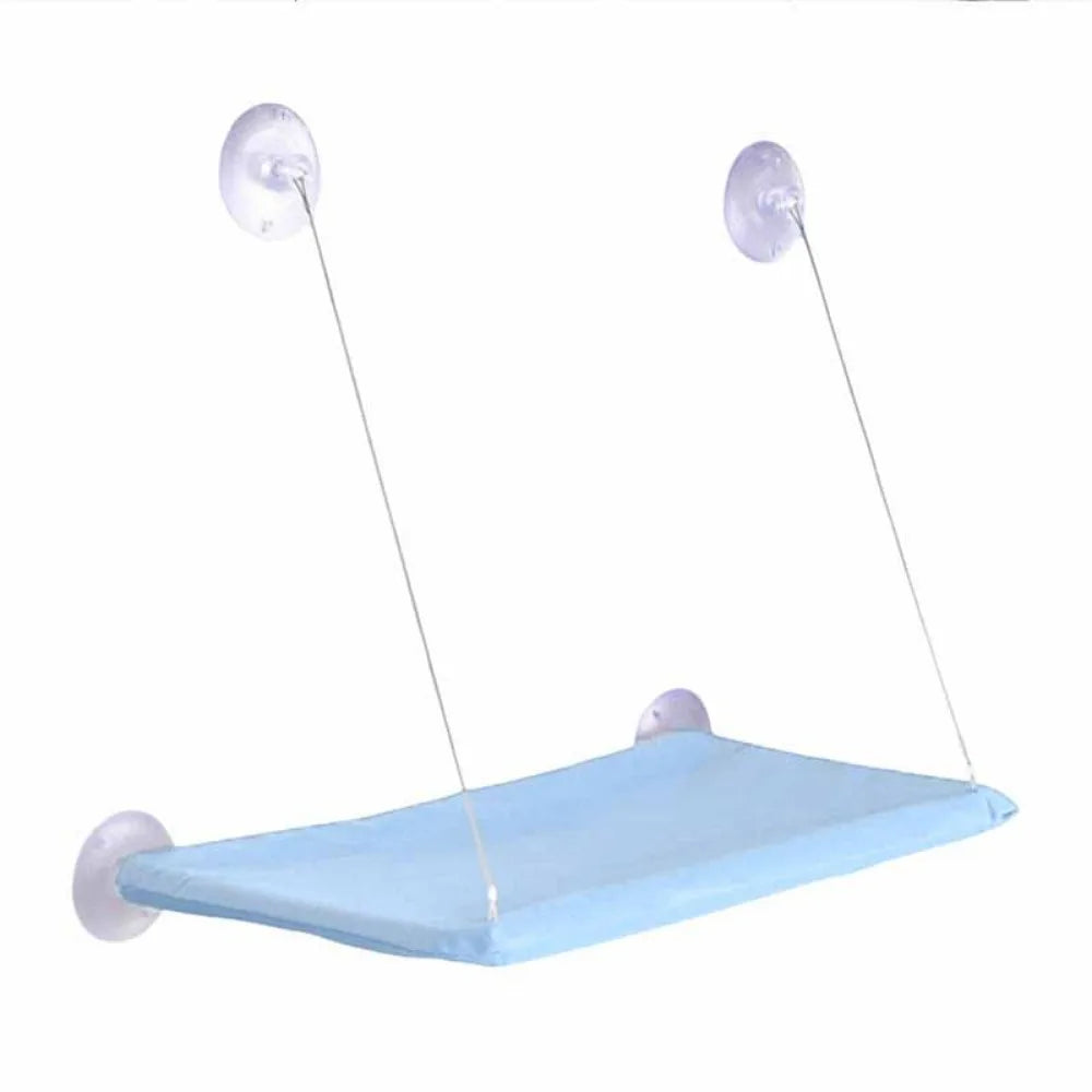 Hanging cat hammock bed with blue cushion and three suction cup supports