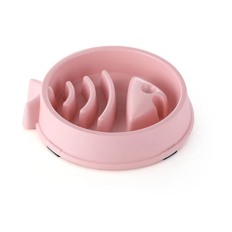 Pink slow-feeding pet bowl with raised anti-choke maze feeder insert