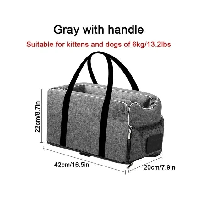 Gray portable soft dog car seat travel carrier bag with top handle