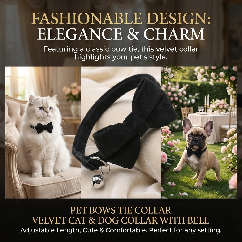 Velvet cat collar with bow tie and bell, black bowknot with silver bell