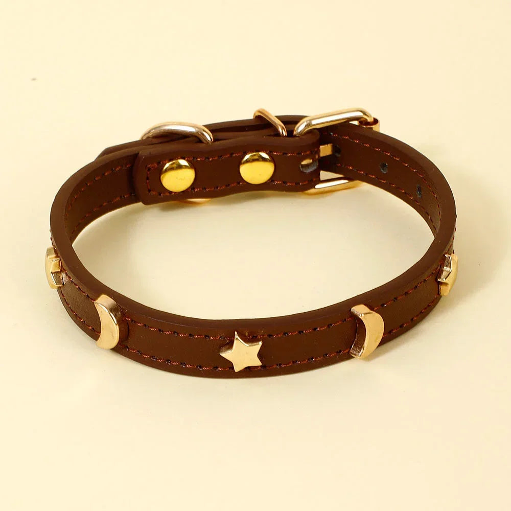Soft Leather Cat Collar Star Moon Rivets Kitten Puppy XS-M