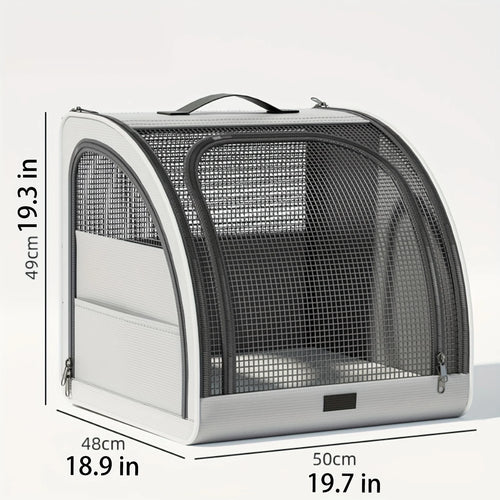 Gray portable pet travel carrier with mesh sides, zip door, and handle.