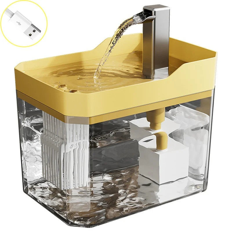 Yellow cat water fountain with clear tank, stainless pump and flowing water stream