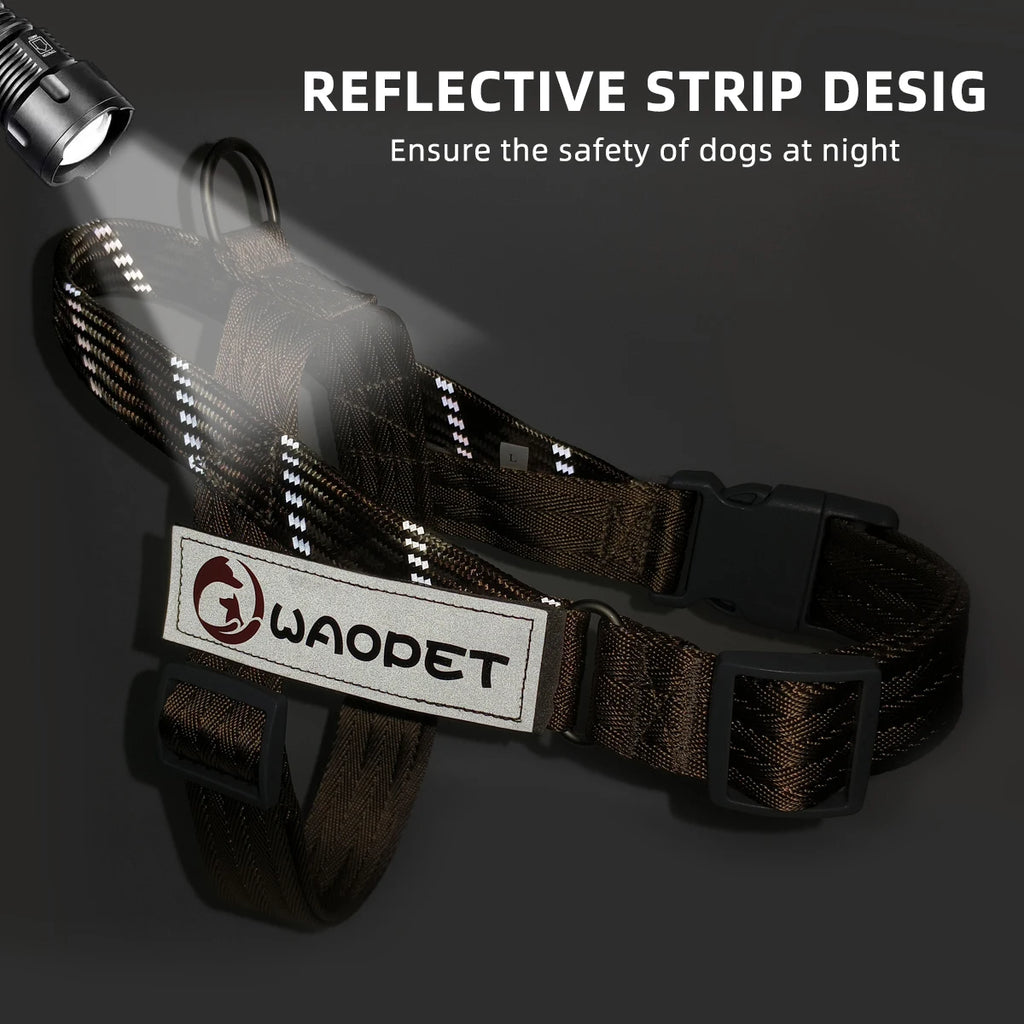 Reflective dog chest harness with WAOPET logo, black webbing and gray buckles