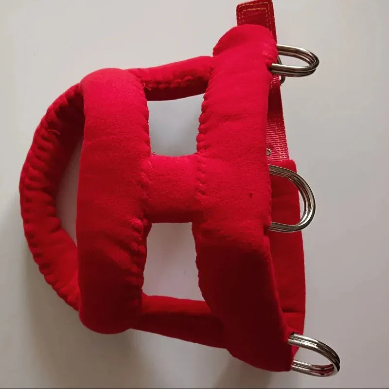 Red plush dog training harness with three metal rings and back buckle strap