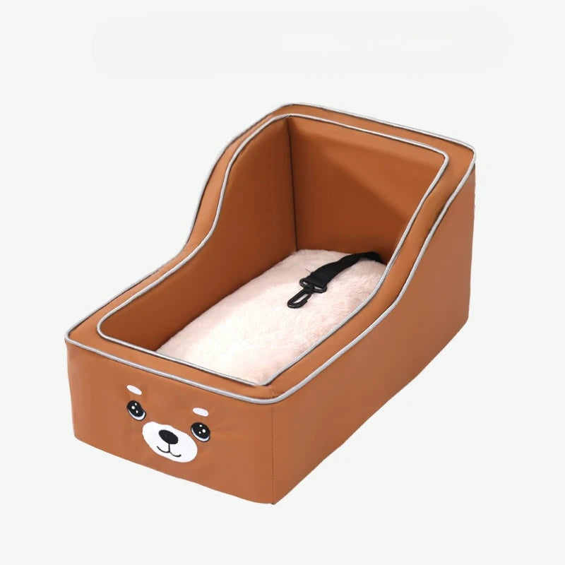 Brown dog car seat travel carrier bed with bear-face panel and padded insert