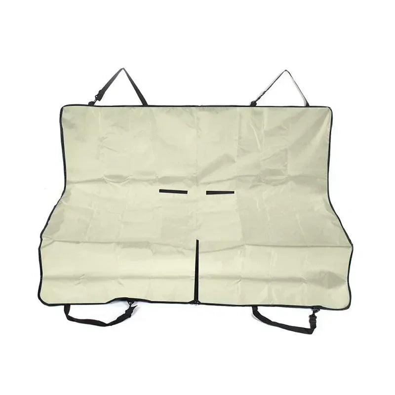 Waterproof car rear seat dog hammock pad, beige with buckles and seat-belt openings