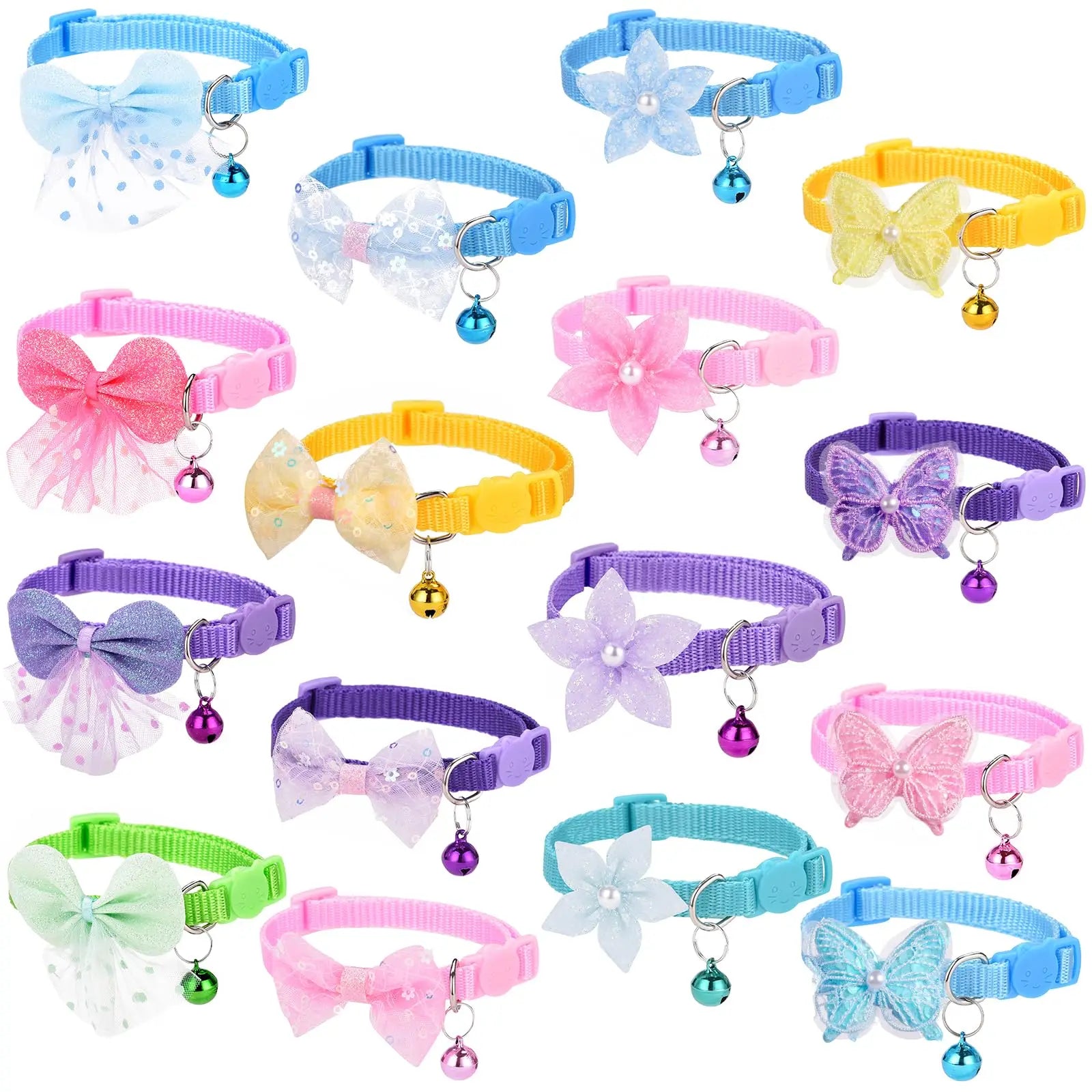 16Pcs Cute Cat Collars Bells Bow Design Kitten Girls Pack
