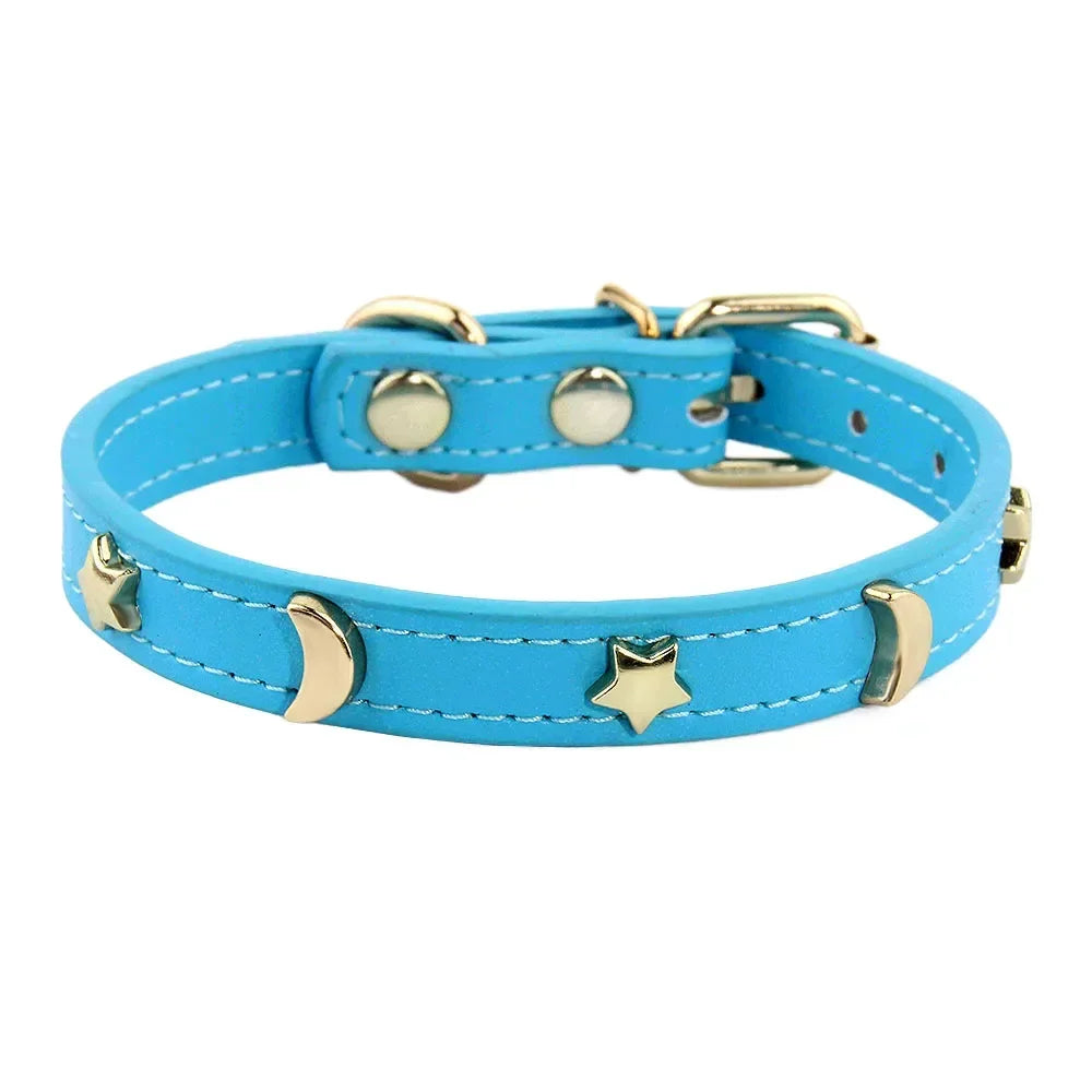 Soft Leather Cat Collar Star Moon Rivets Kitten Puppy XS-M